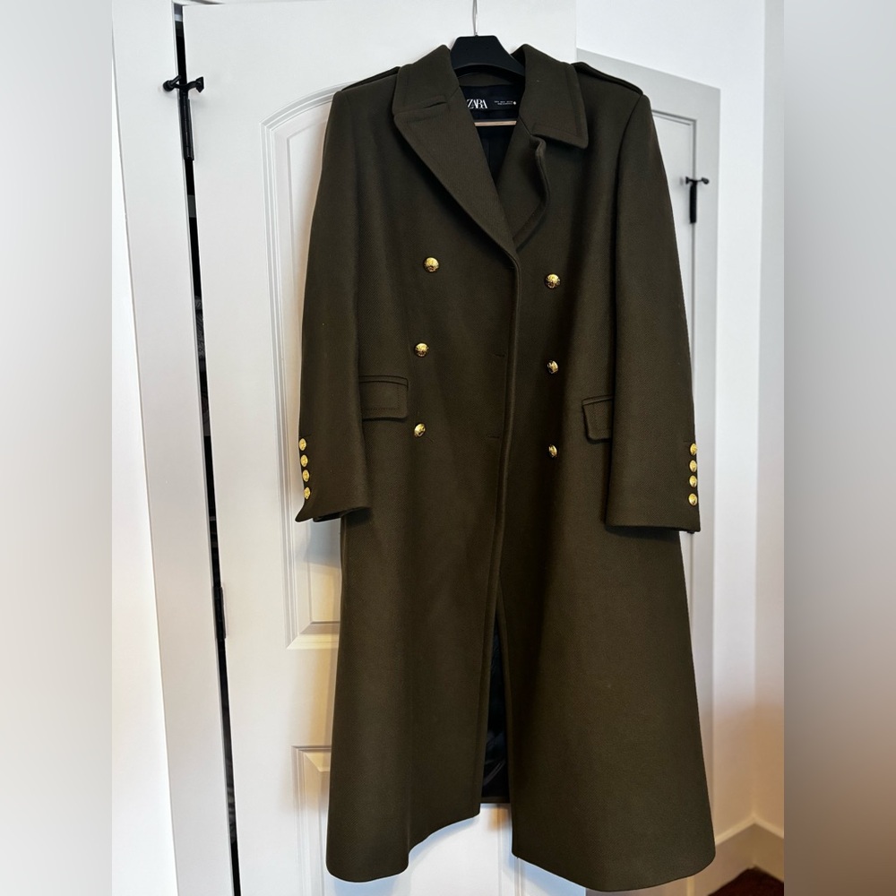 Zara Woman’s Olive Double-Breasted Coat with Gold Buttons